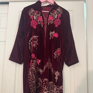 Embroidered Velvet Dress with Floral Design